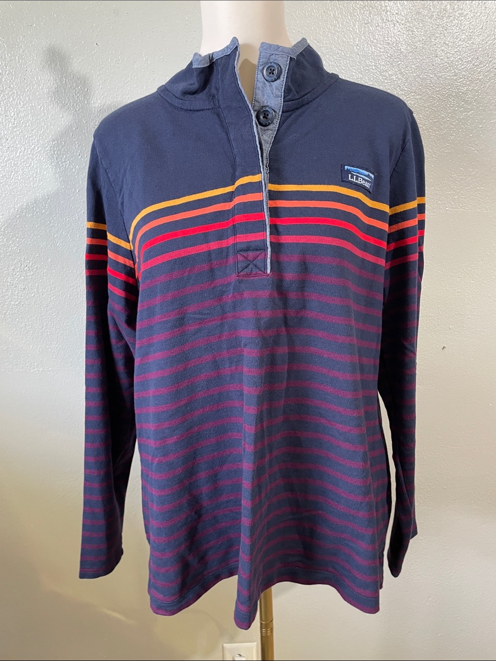 L.L.Bean Gorpcore Striped Rugby Shirt Mock Neck Button Pullover 1X Cotton Travel